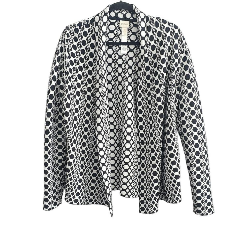 Chico's Size 1 US Medium Black White Cirlce Print Open Front Cardigan Sweater